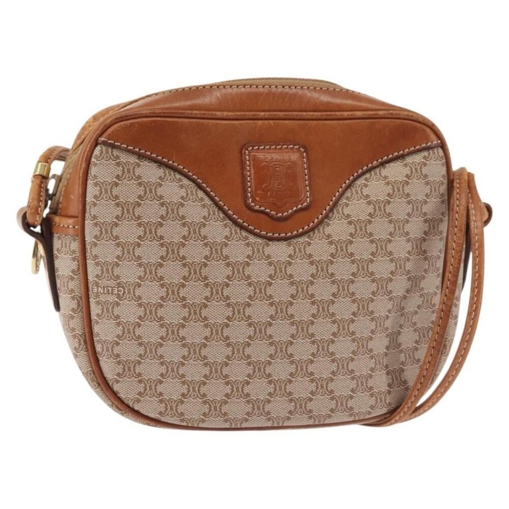 Authentic CELINE Macadam Canvas Shoulder Bag PVC Beige Gold